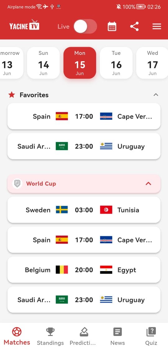 YACINE TV matches and fixtures screen